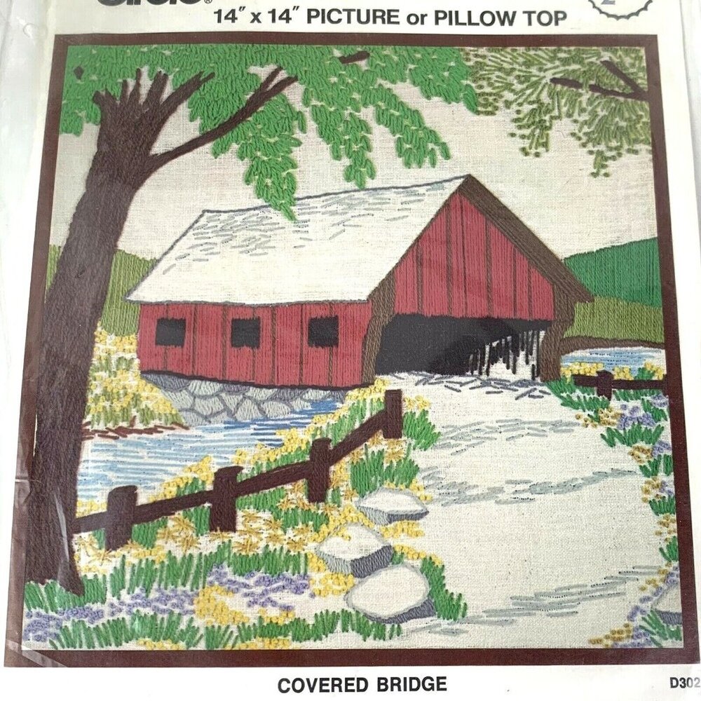 Vtg Crewel Kit Red Covered Bridge Picture Pillow Top Family Circle D302 14x14